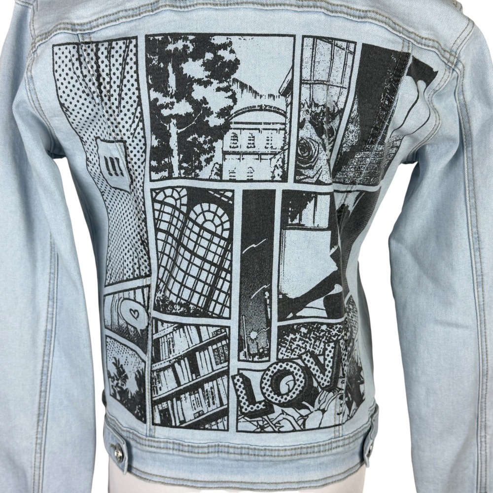 Blue Topic Women's Small Girl Power Comic Graphic Denim Jacket Light Wash - Picture 4 of 12